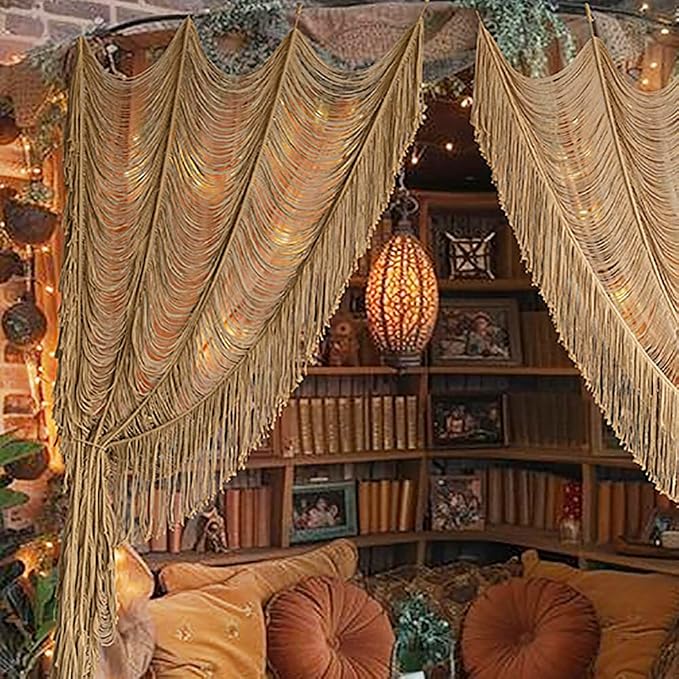 Macrame Curtain Boho Handmade Fiber Art Khaki Window Decor Yarn 59" W*75" L | - Image 2
