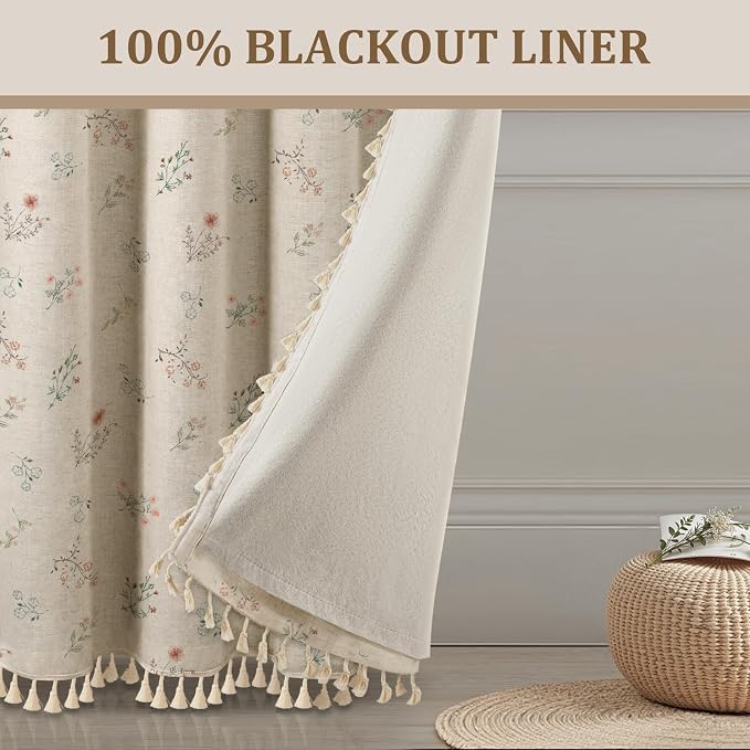 Boho Floral 100% Blackout Curtains 96 Inch 2 Panels Linen Texture | Farmhouse - Image 6