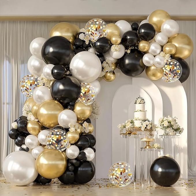 Double Stuffed Black Gold White Confetti Balloon Arch Kit 129 Pcs | Back to by Vanjehou