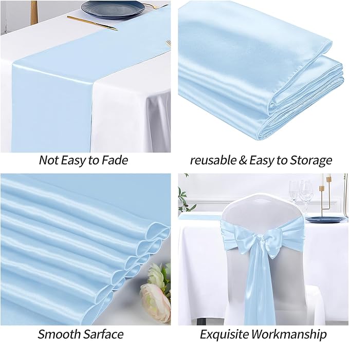 SiinvdaBZX 4 Pcs Light Blue Satin Table Runner 12 x 108 inches Long | Bright - Image 6