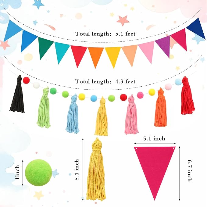 6 Pcs Rainbow Pom Pom Tassel Garland Felt Bunting Garland Back to School Party - Image 3