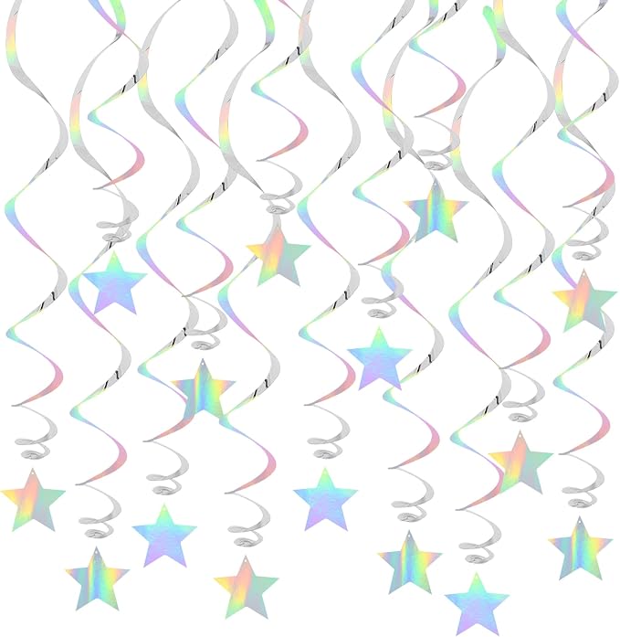 BEISHIDA Silver Stars Iridescent Hanging Swirls Pre-Strung Stars Hanging by Beishida