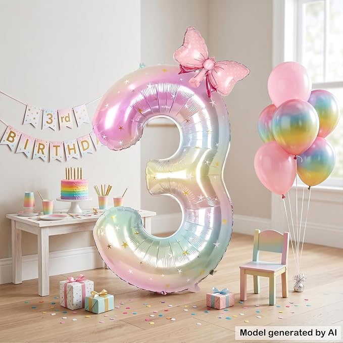 40" Giant Number 3 Balloon Pastel Rainbow Foil - Image 3