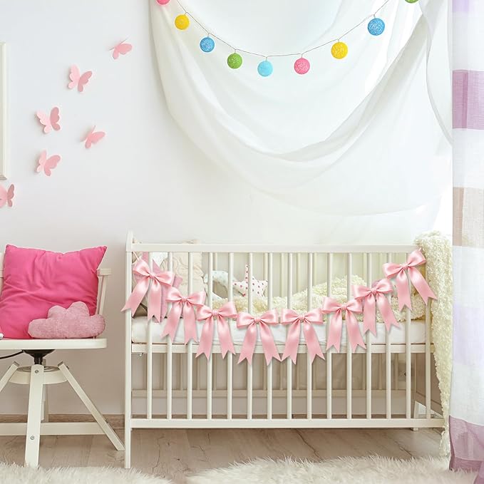 2 Strings of 16PCS Pink Bow Garland Banner Decoration, Pre-Strung Satin Ribbon - Image 5