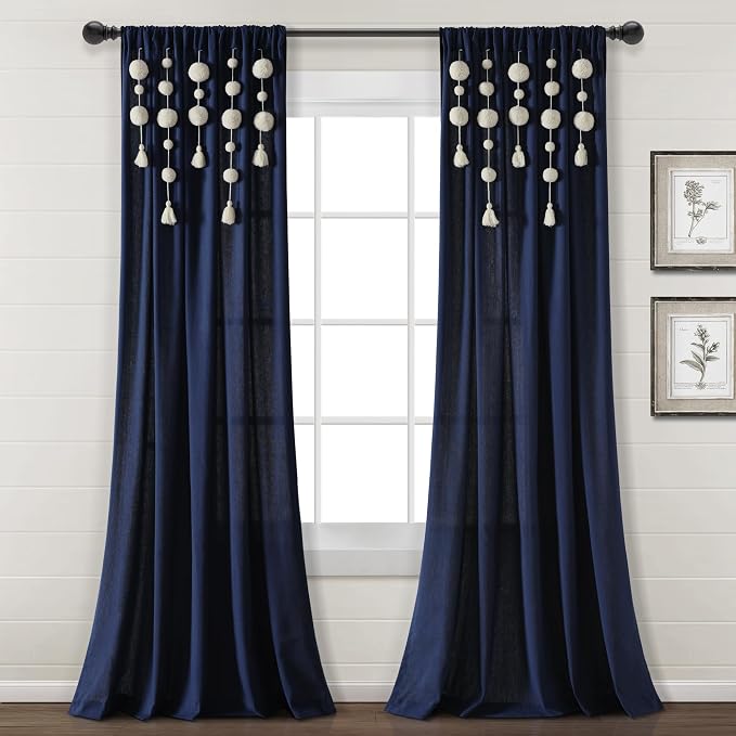Lush Decor Boho Pom Pom Tassel Linen Textured Window Curtain Panel, Single 52" by LushDecor