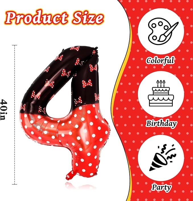 40 Inch Red Cartoon Mouse Number 4 Balloon, Birthday Party Decorations | Black - Image 3