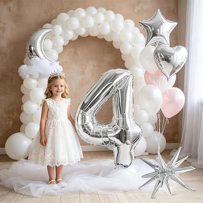 TONIFUL 4th Birthday Balloons Kit 40Inch Silver Large Number 4 Foil Balloon | - Image 5
