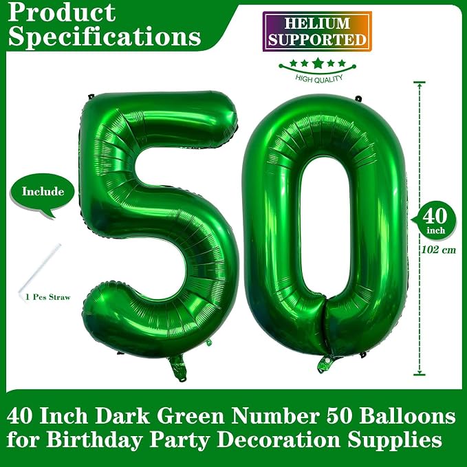 Dark Green 50 Number Balloons, 40 Inch Giant Number 50 Balloons Foil Mylar - Image 2