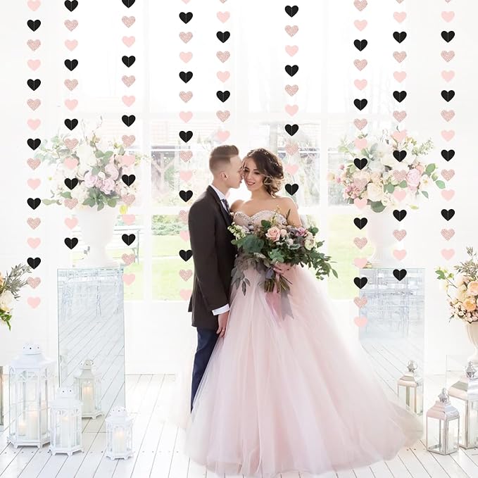 Rose-Gold Black-Pink Valentines Party-Decorations Heart-Garland - 52ft Glitter - Image 7
