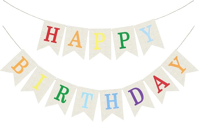 White Burlap Happy Birthday Banner Sign Birthday Garland Wall Door Hanging by Unknown