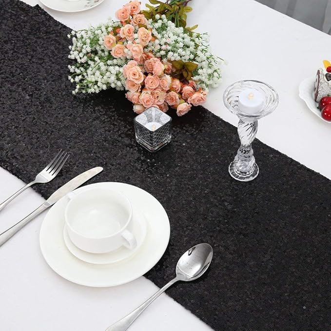 SoarDream Black Table Runner 10 Packs 12x72 Inches Sequin Metallic Fabric Glitter Table Runner for Party Birthday Holiday Event Supplies Decorations