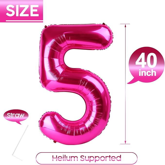 5 Balloon - Hot Pink Birthday Number Balloons, 40 Inch Party Decorations | Hot - Image 5
