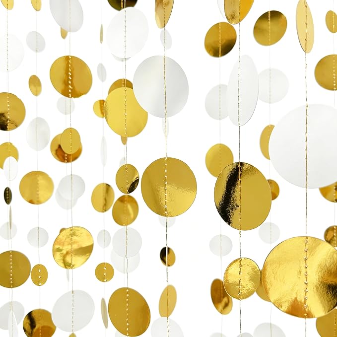 46 Feet White and Gold Circle Dots Garland Hanging Paper Polka Dots Streamer - Image 3