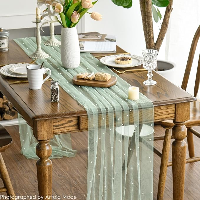 Artoid Mode 10PCS Pearl Grass Green Gauze Table Runner 120 Inch 10FT, Seasonal - Image 3