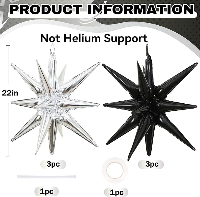 HILAVO 6PCS Silver Black Star Balloons, 22Inch Large Star Balloon Foil Balloons - Image 2