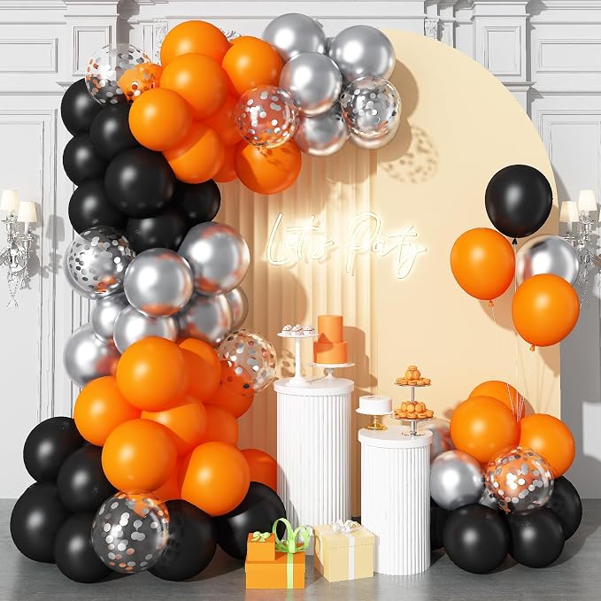 Black Orange Balloons 12 Inch Black Orange Silver Confetti Balloons Halloween - Image 4