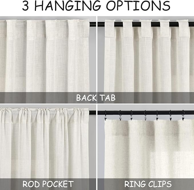 54 Inch Semi Sheer Linen Curtains, Linen Blend Light Filtering Panels Back Tab - Image 2