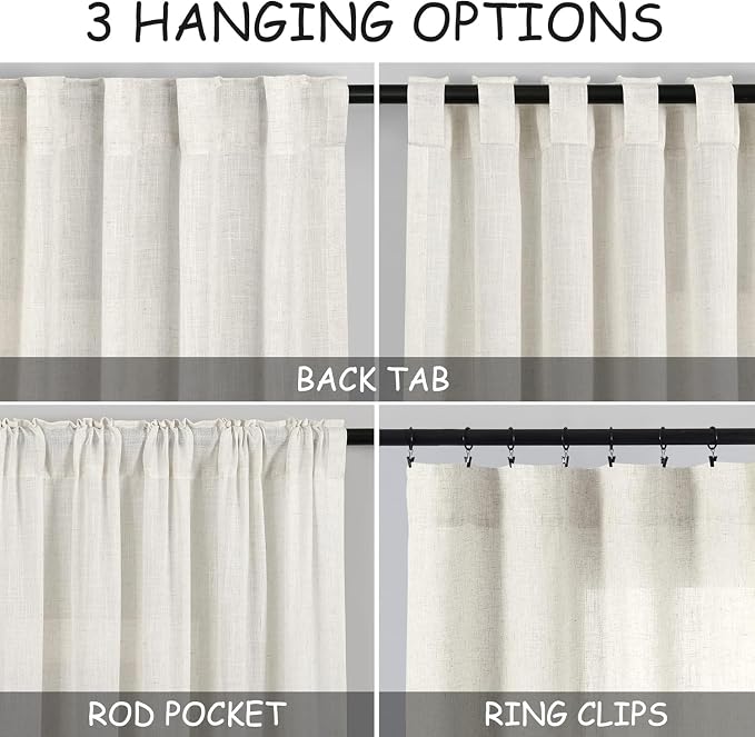 Cream 80 inch Linen Curtains for Doorway Semi Sheer Light Filtering Curtains - Image 2