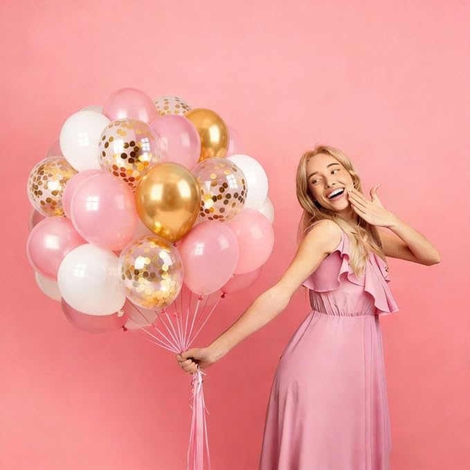 Pink Gold White Balloons 60Pcs 12 Inch Confetti Latex Balloon - Image 8