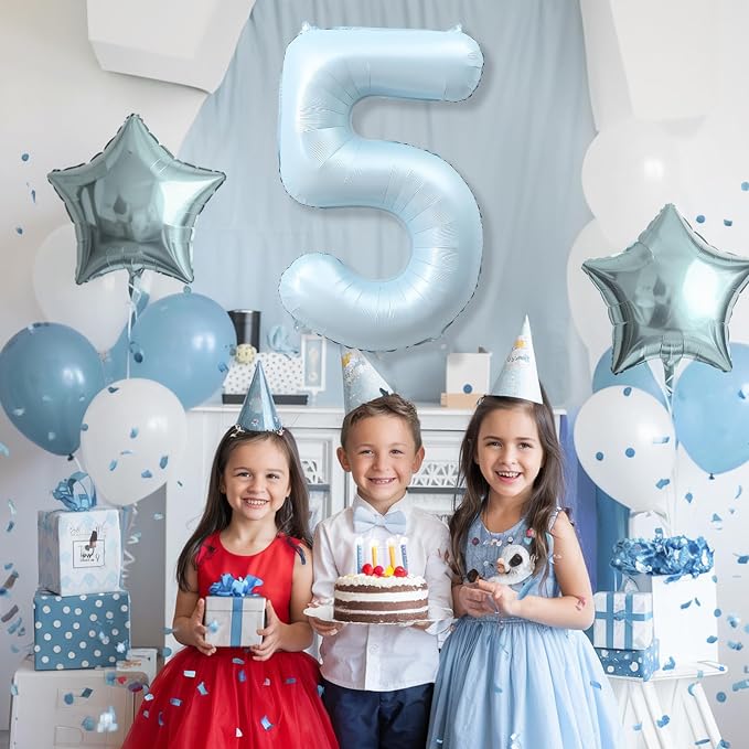 Big Number 5 Balloons, Dusty Light Blue Foil 5 Balloon Numbers 40 Inch - Image 3
