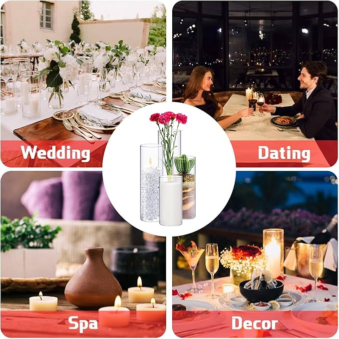 Sawysine 48 Pcs Glass Cylinder Vases 2.5''/2.95''/3.9'' Diameter Clear Flowers Vase Hurricane Floating Candles Holders for Table Centerpieces (2.95 x 6 in,2.95 x 8 in,2.95 x 10 in,2.95 x 12 in)