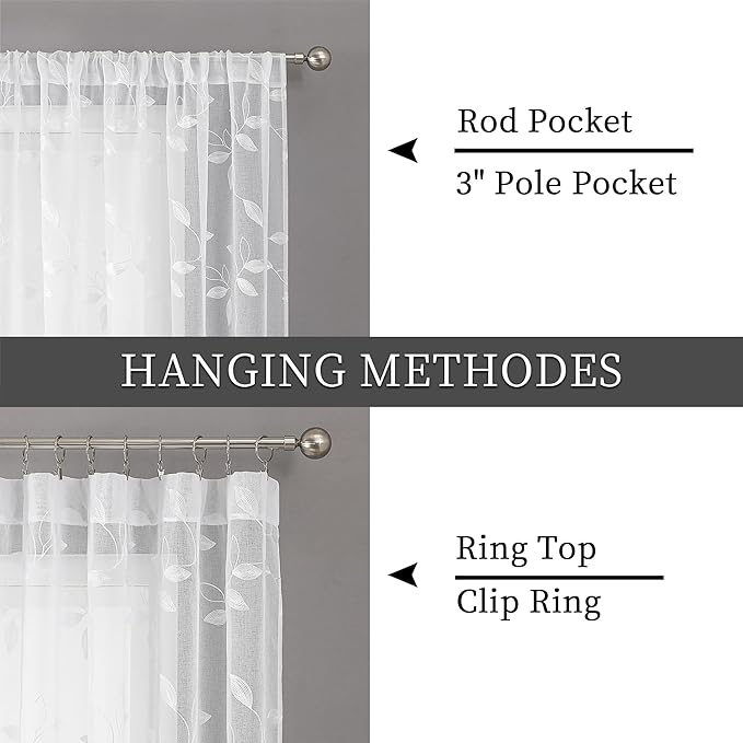 Tollpiz White Leaf Sheer Tier Curtain Kitchen 30 x 36 Inches | Leaves - Image 5