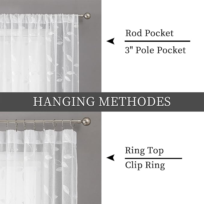 Tollpiz White Leaf Sheer Curtains Bedroom 54 x 84 Inches | Leaves Embroidered - Image 5