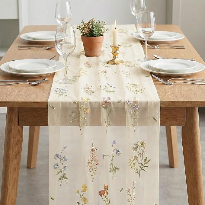 Artoid Mode Wildflower Floral Beige Apricot Gauze Embroidery Table Runner 120 - Image 3