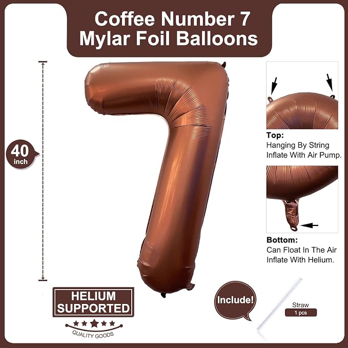 40 Inch Coffee Brown Number 7 Balloon Large Size Jumbo Digit Mylar Foil Retro - Image 2