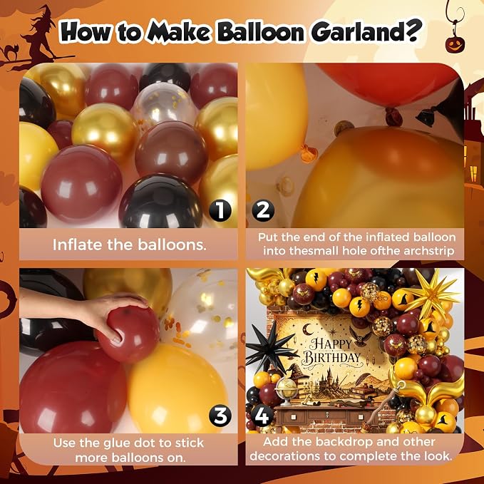 Magical Wizard Garland Arch Kit 180Pcs, Burgundy Yellow Black Gold Confetti - Image 3