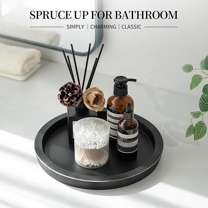 Hanobe Wooden Tray for Coffee Table: Candle Holder Plate Black Round Decorative - Image 4