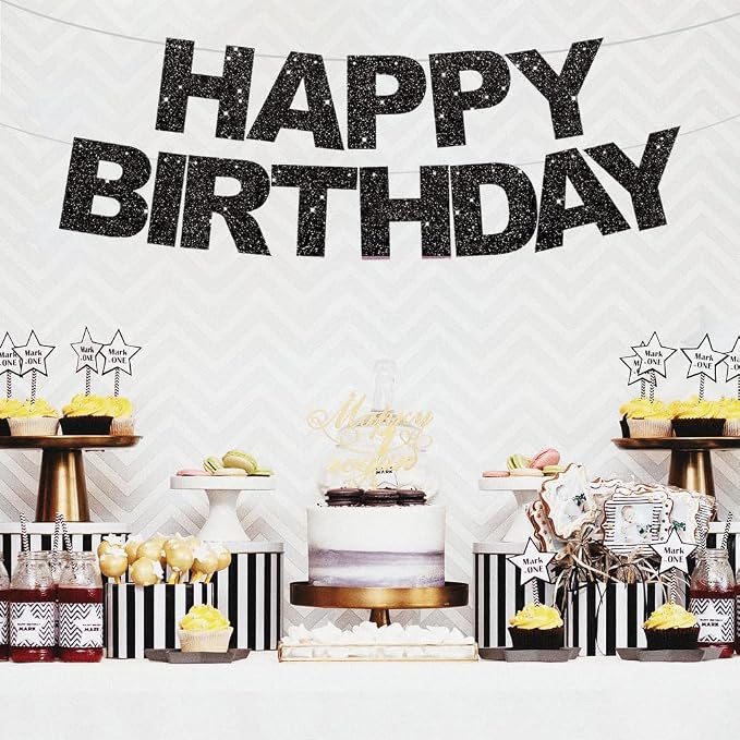 BEISHIDA Pre-Strung Glitter Black Happy Birthday Banner Party Sign Decor | NO - Image 6