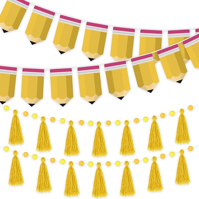 4 Pcs 30 Ft Back to School Banners Decorations Yellow Pencil Tassel Pom Pom by Unknown