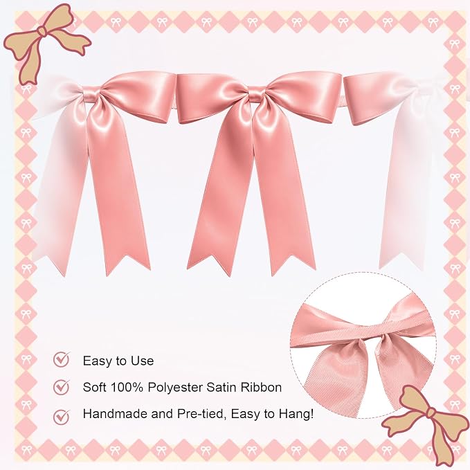 1 String of 8PCS Rose Pink Bow Garland Banner Decoration, Pre-Strung Satin - Image 3