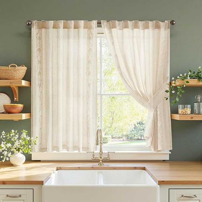 jinchan Ivory Floral Embroidered Linen Kitchen Curtains 54×45 Inch 2 Panels | by JINCHAN