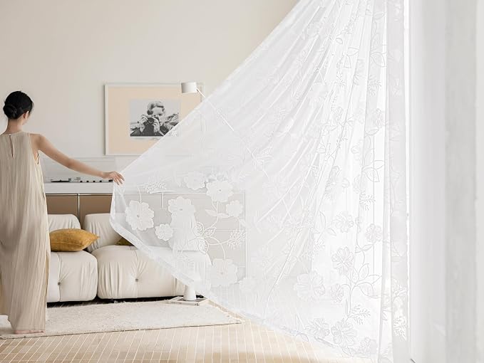 White Lace Sheer Curtains for Living Room 84inch Vintage Rose Botanical Floral - Image 8