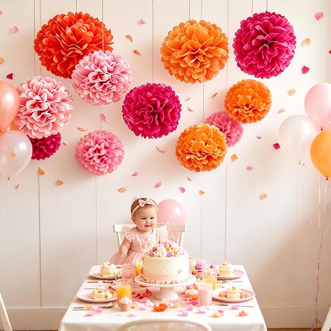 AimtoHome Pink Orange Tissue Paper Flower Pom Poms12pack Hanging Paper Pom Pom - Image 4