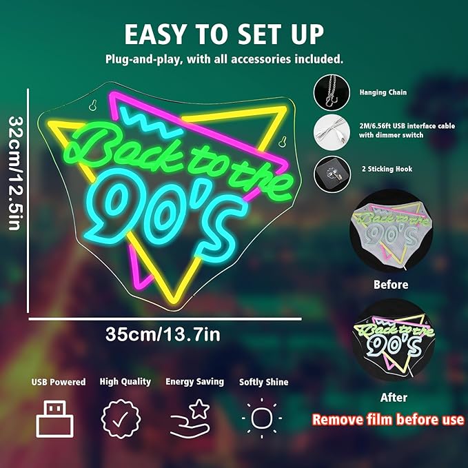 Back To The 90'S Neon Sign - Neon LED Sign for Wall Decor & Party Decor, Perfect for 90's Party Supplies & Photography Background