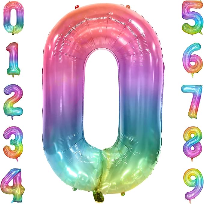 40 Inch Rainbow Number Balloon 0, Large Number Foil Mylar Balloons by PatiCool