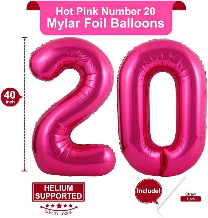 40 Inch Hot Pink 20 Number Balloons Giant 20 Balloons Hot Pink Birthday 20 - Image 2