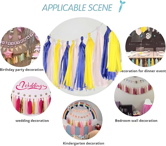 Yellow White and Blue Tassel 30Pcs Tissue Paper Tassels Garland DIY Hanging - Image 2