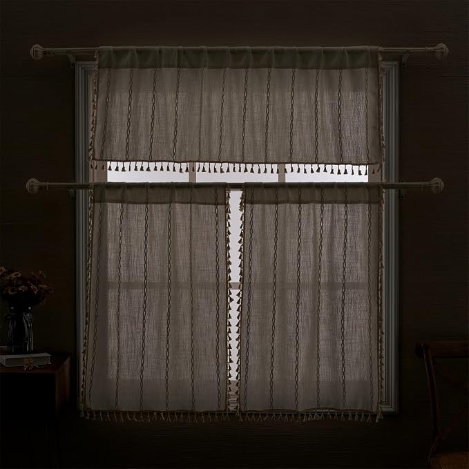 RoomTalks White Boho Farmhouse Kitchen Curtains 36 Inch Length French Striped - Image 3
