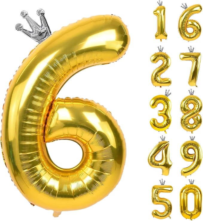 Gold Number 6 Balloon with Crown, 40 inch Gold Number Balloon 6th Birthday by Yeodong