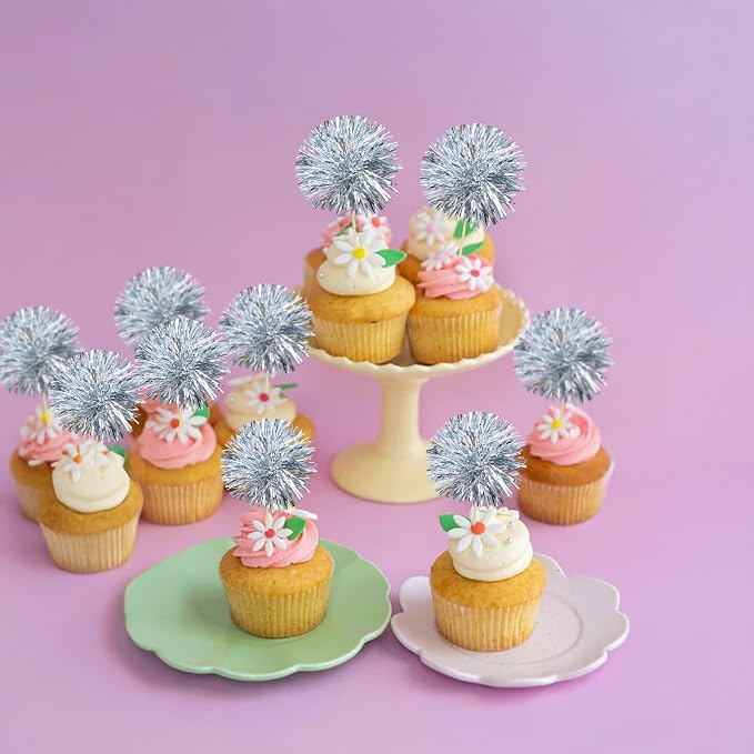 Gyufise 30Pcs Foil Firework Cupcake Toppers Sparkle Tinsel Cake Toppers Tinsel - Image 4