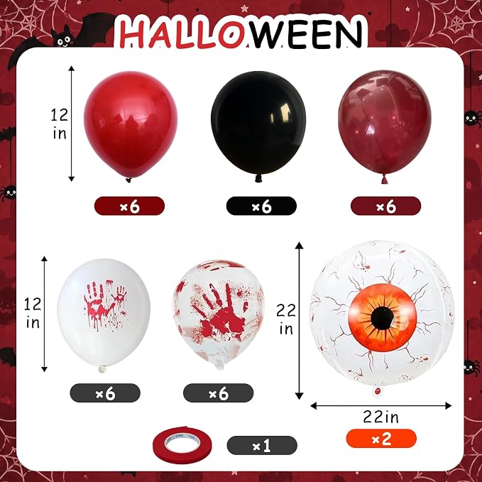 Halloween Bloody Scary Balloons Red Black Hand Print Eye Balloons | 4D Eyeball - Image 2