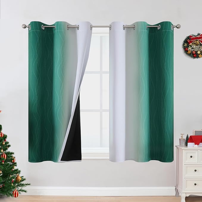 Green and Greyish White Ombre Blackout Curtains 54 Inch Length 2 Panels by ESTELARTEXTILER