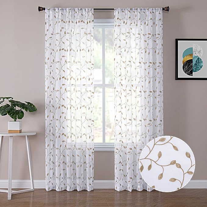 Tollpiz Leaves Sheer Curtains Taupe Leaf Embroidery Living Room Curtain Rod by Tollpiz