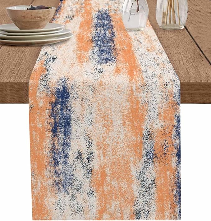 Vintage Oil Painted Cotton Linen Table Runner for Dining Kitchen, Wedding Outdoor Party Tablerunners Decoration, Abstract Modern Orange Minimalist Dresser Scarf Coffee Tablecloth Runners 13x48 Inches