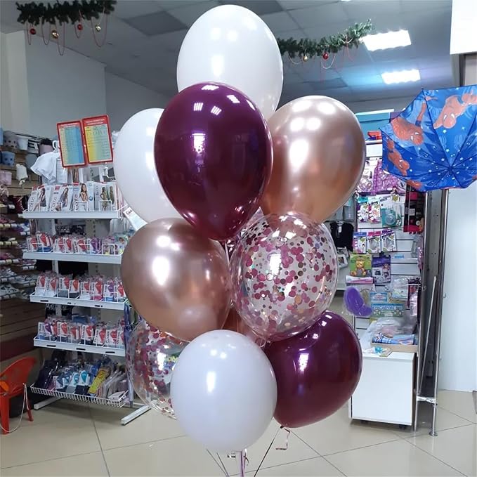 Burgundy Red Balloons, Wine Red and Rose Gold Confetti Balloon - Image 3
