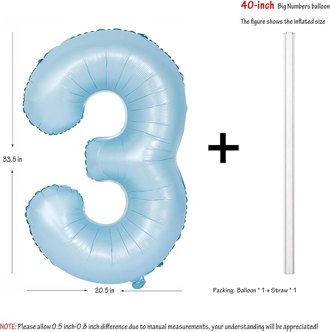 40 Inch Blue Number 3 Foil Balloon Light Blue Digital 3 Helium Balloon | - Image 2